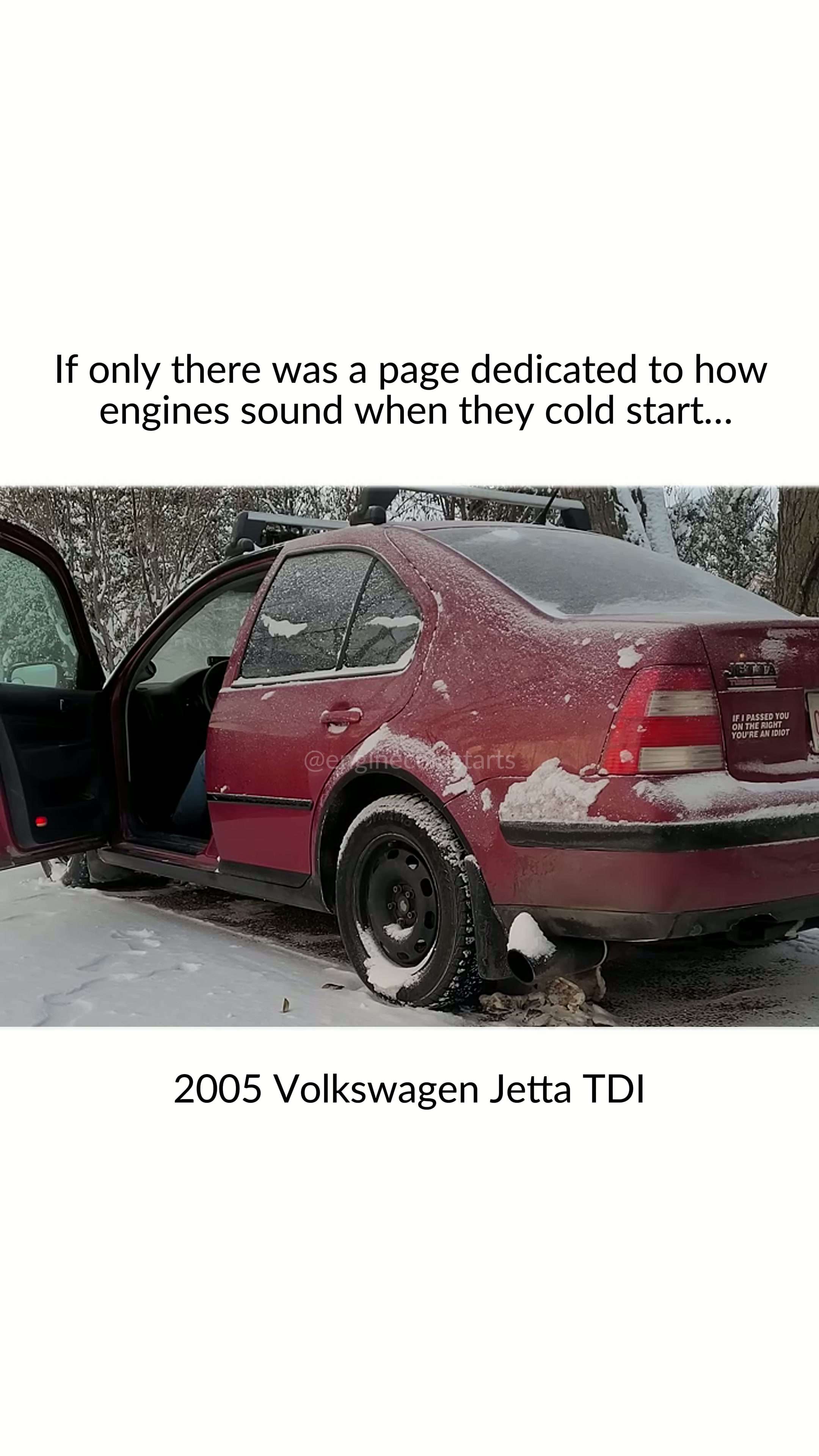 2005 Volkswagen Jetta TDI (BEW engine) 
@ kaden2556 on YouTube

#Volkswagen #Jetta #JettaTDI #TDI #Diesel #VWTDI #BEWengine #TurboDiesel #DieselLife #VWNation #JettaMK4 #EuroCar #DailyDriven #ColdStart #DieselPower #MPGMachine #DieselCommunity #VWLife #BoostedDiesel #ReelCars